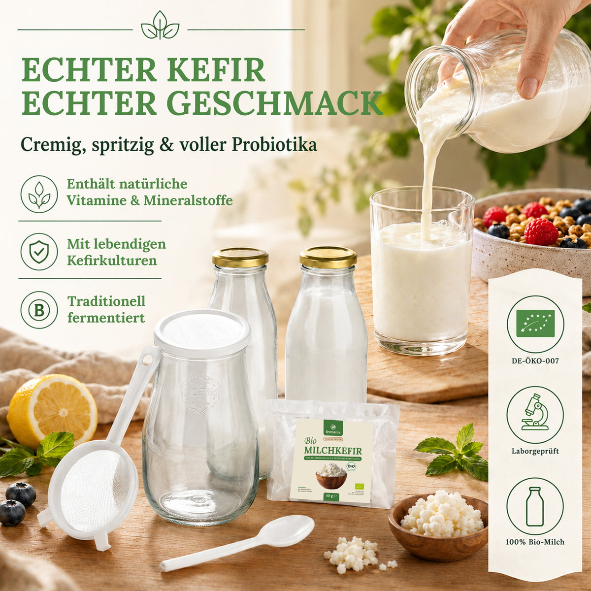 Milchkefir Starter Set – Milchkefir selber machen mit Bio-Kefirknollen + Zubehör