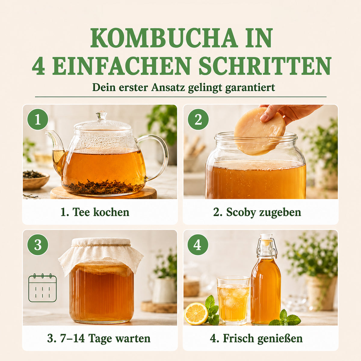 Kombucha Starter Set - selber machen mit Kombucha Teepilz (SCOBY) + Zubehör
