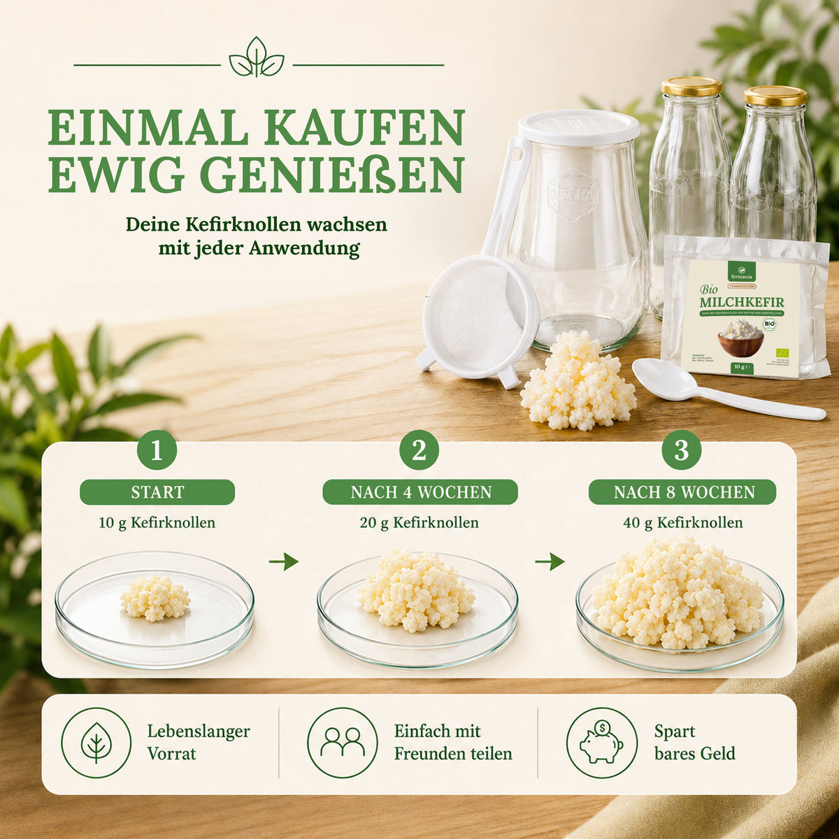 Milchkefir Starter Set – Milchkefir selber machen mit Bio-Kefirknollen + Zubehör