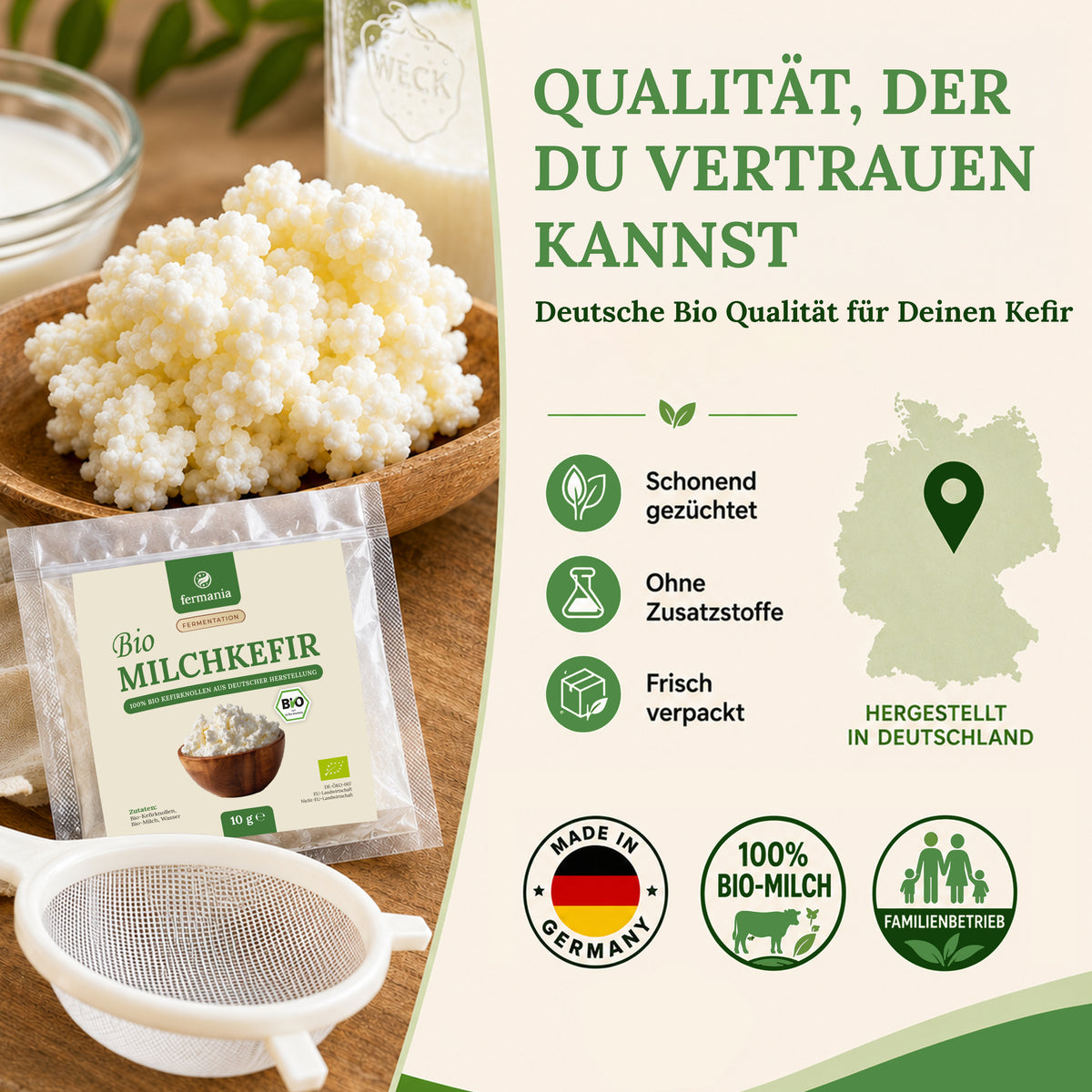 Milchkefir Starter Set – Milchkefir selber machen mit Bio-Kefirknollen + Zubehör