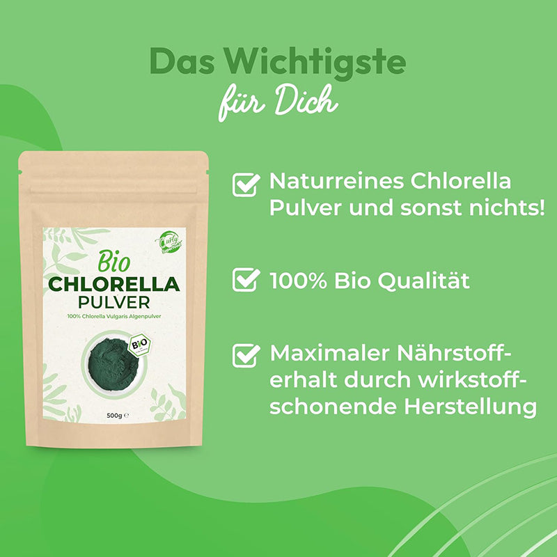 Bio Chlorella Pulver 500 g – Vegan, reich an Vitamin B12, perfekt für Smoothies