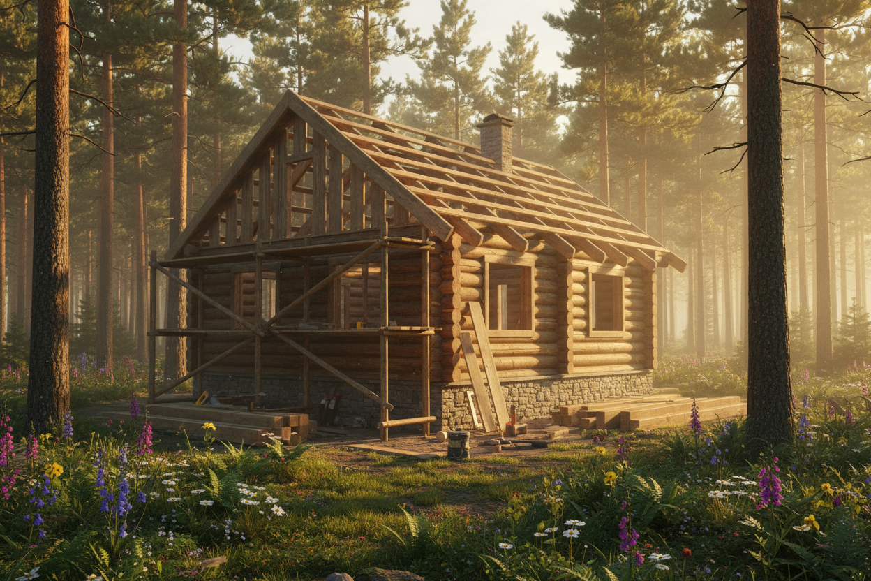 ne das passt nicht. bitte ein bild von einer gemütlichen hütte im wald bei einem schönen morgen. das bild soll wärme vermitteln, gemütlichkeit und gesundheit. und dabei soll die hütte noch mittem im aufbau sein